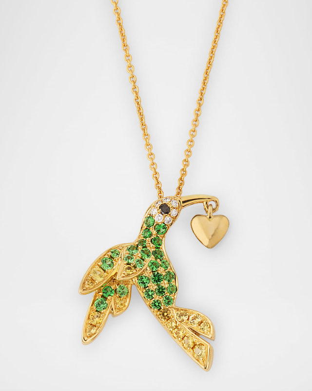 18K Yellow Gold Hummingbird Diamond and Multi-Stone Necklace